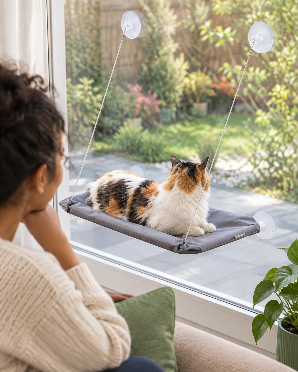 Exact gray rectangular cat window hammock from reference r04, softly padded matte fabric, four cords