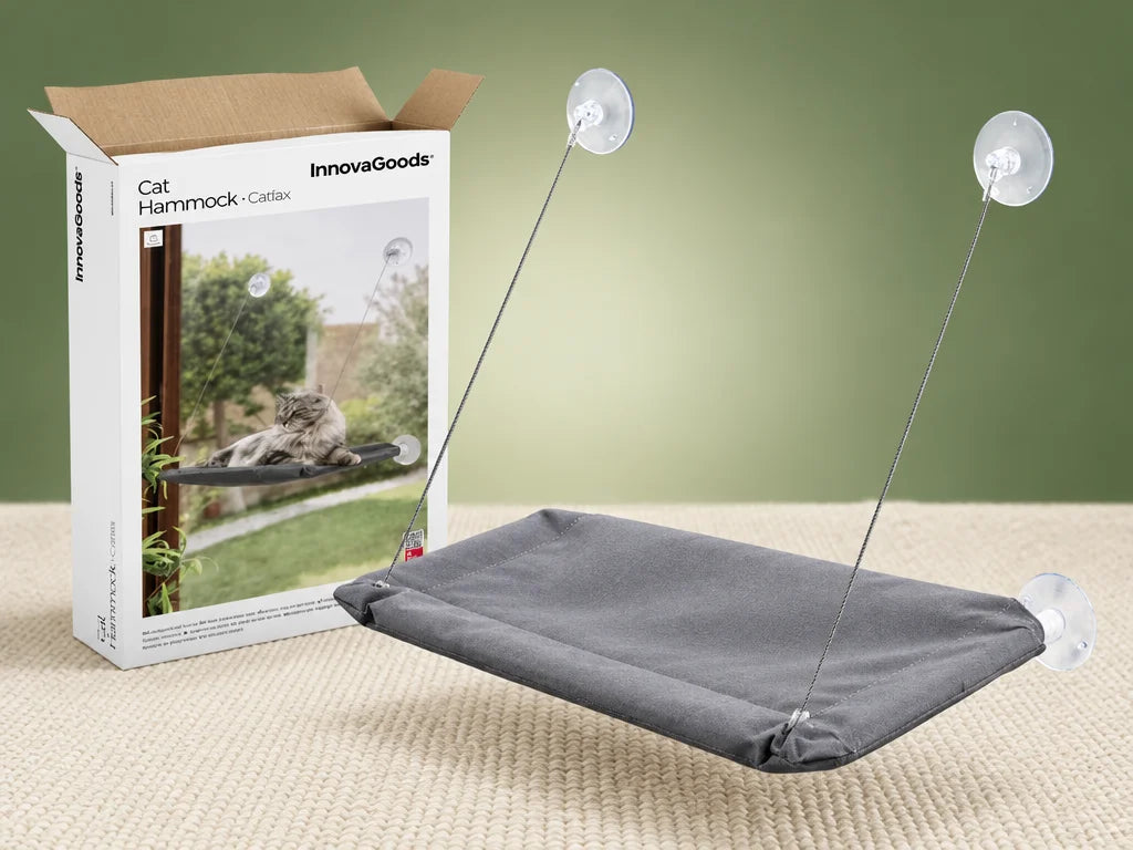 Exact gray rectangular cat window hammock from reference r04, softly padded fabric, four cords and f