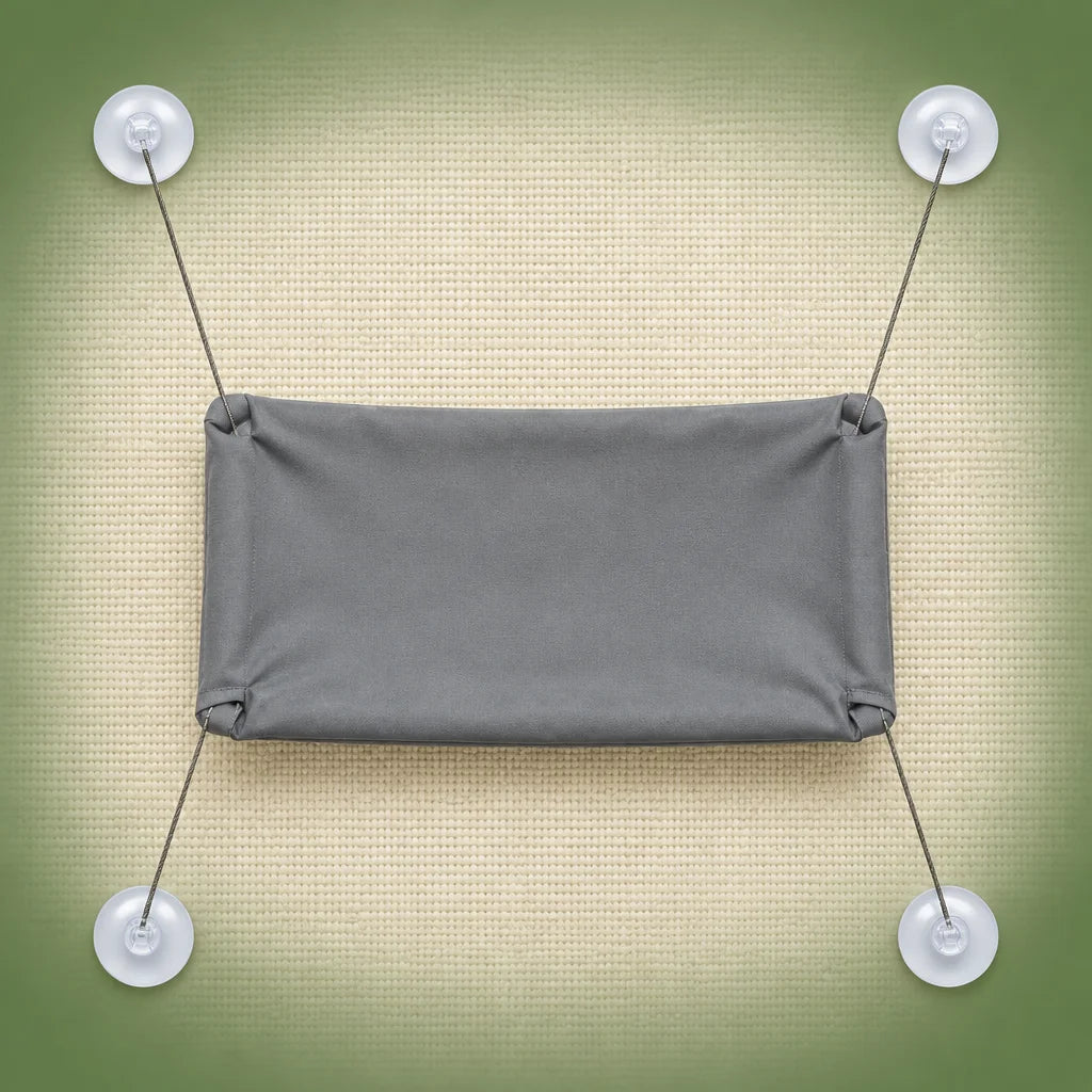 Exact gray rectangular cat window hammock from reference r04, softly padded matte textile surface sh