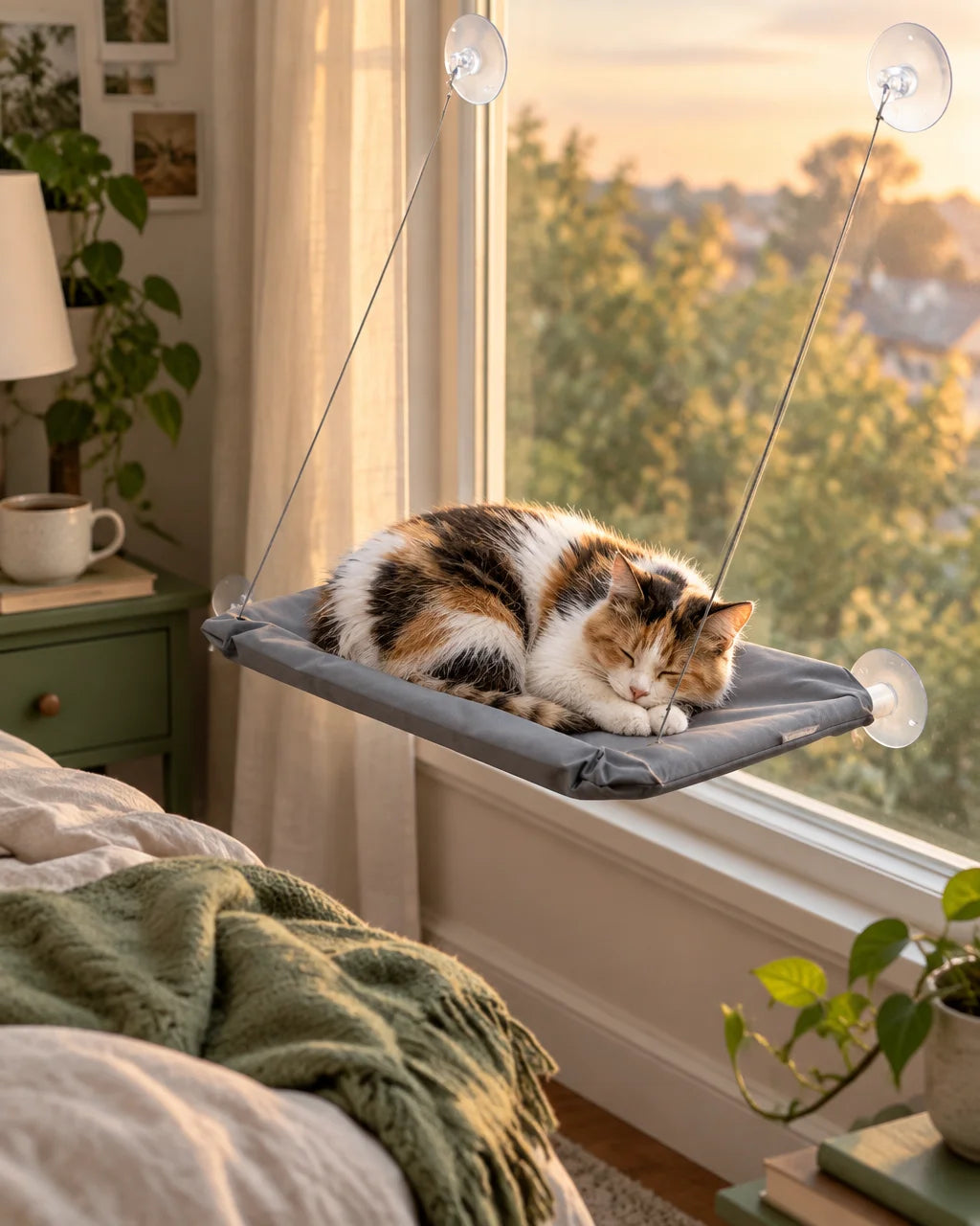 Exact gray rectangular cat window hammock from reference r04, softly padded matte fabric, four cords