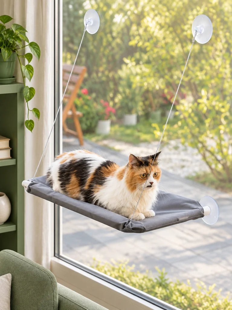 Exact gray rectangular cat window hammock from reference r04, softly padded matte fabric, four thin