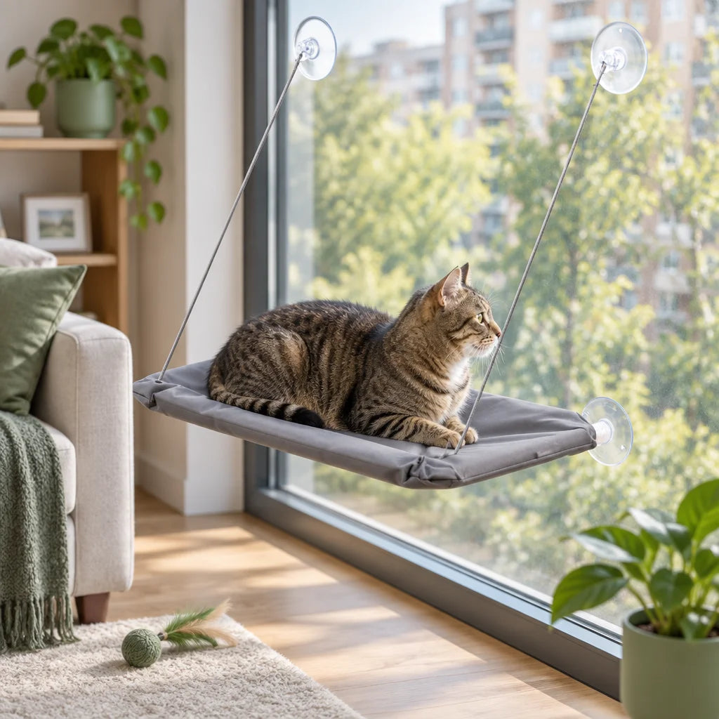 Exact gray rectangular cat window hammock from reference r04, softly padded matte fabric, four cords
