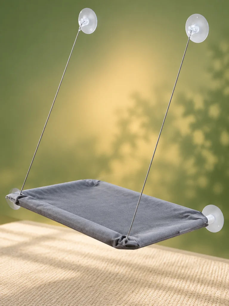 Exact gray rectangular cat window hammock from reference r04, softly padded matte fabric, four thin
