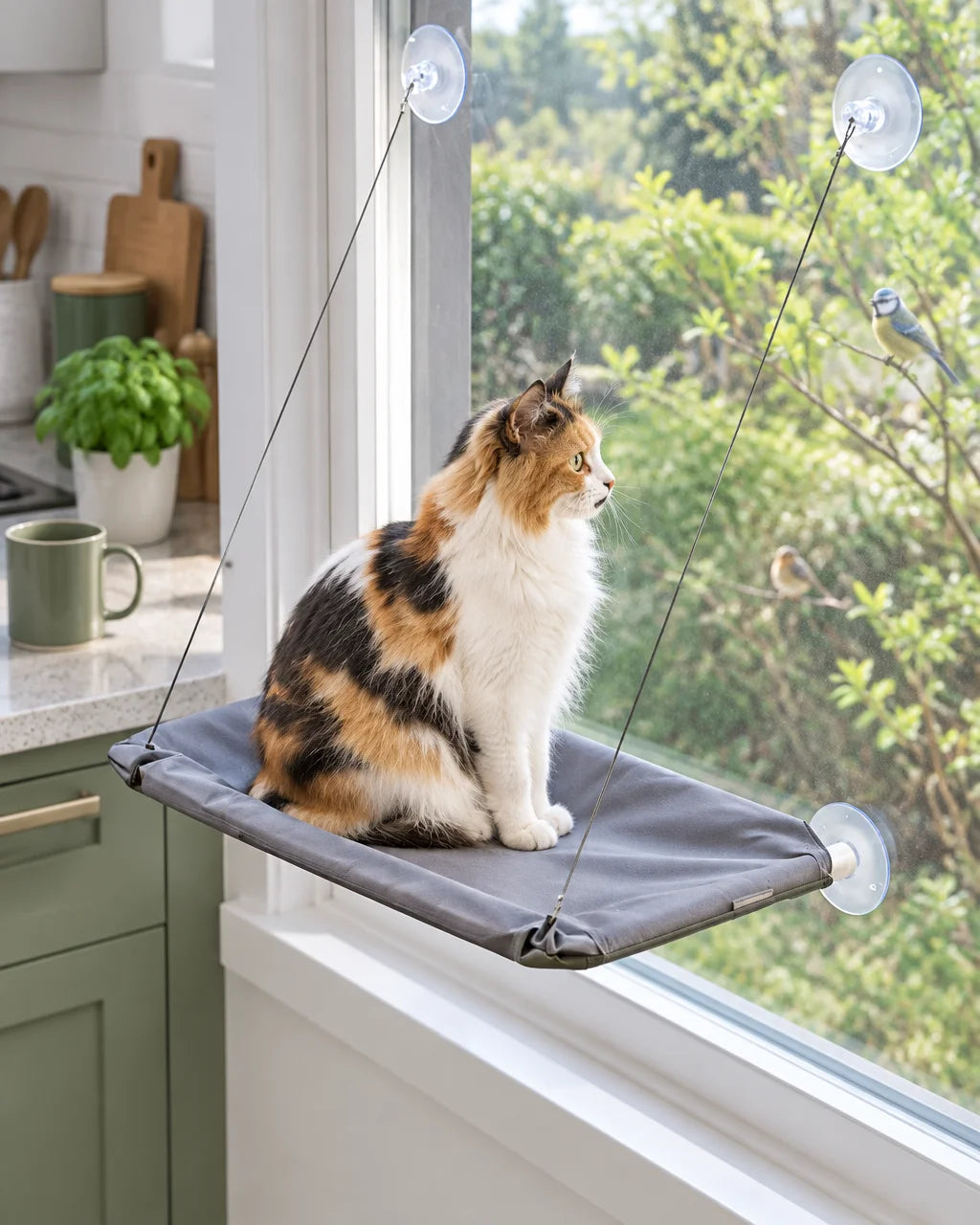 Exact gray rectangular cat window hammock from reference r04, softly padded matte fabric, four cords