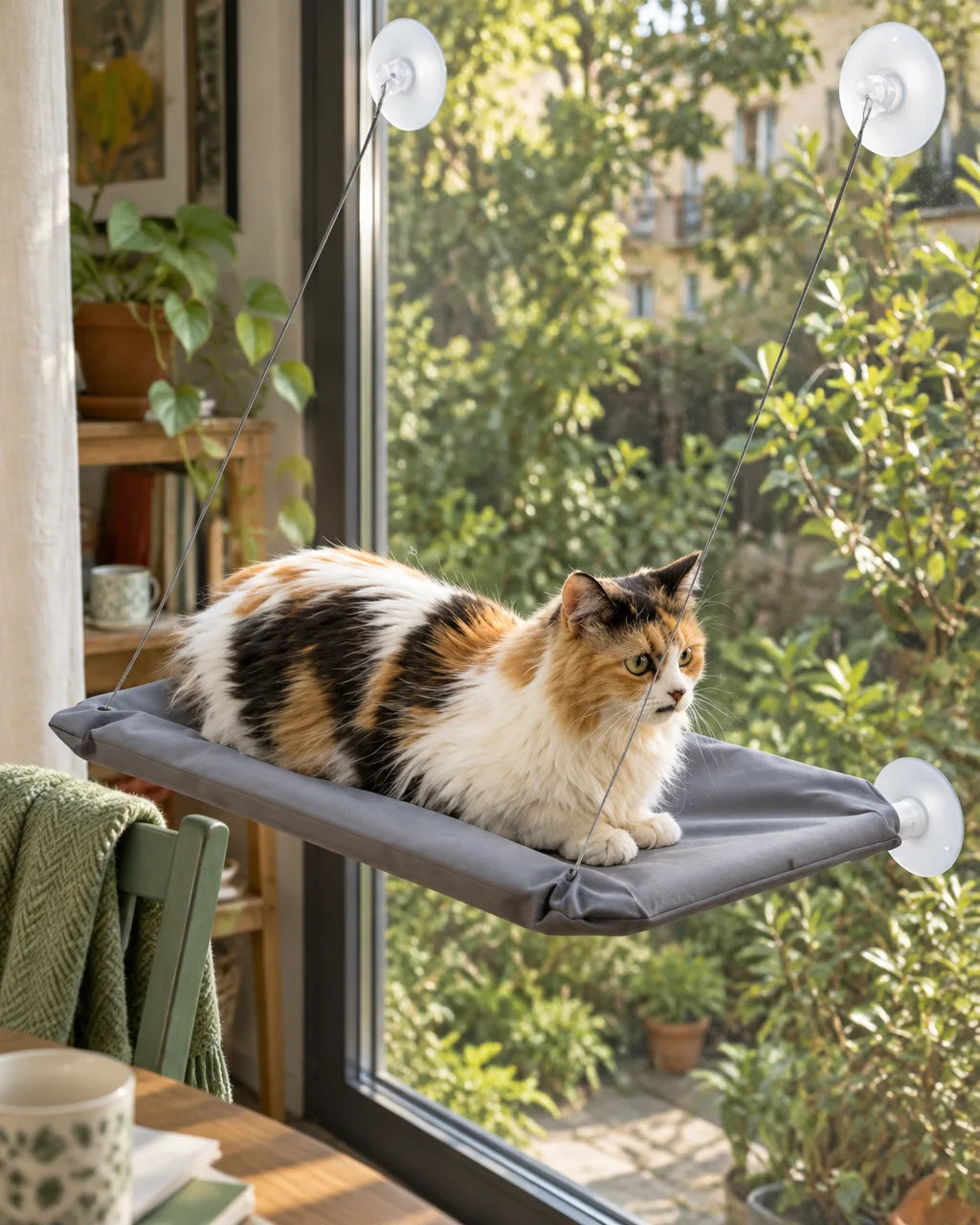 Exact gray rectangular cat window hammock from reference r04, softly padded matte fabric, four thin