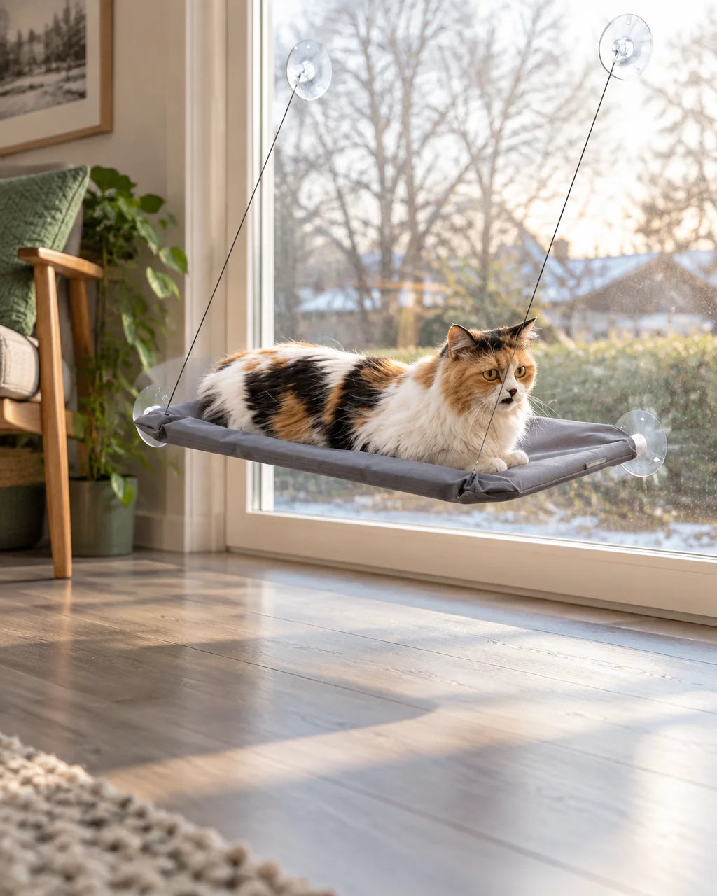 Exact gray rectangular cat window hammock from reference r04, softly padded matte fabric, four thin