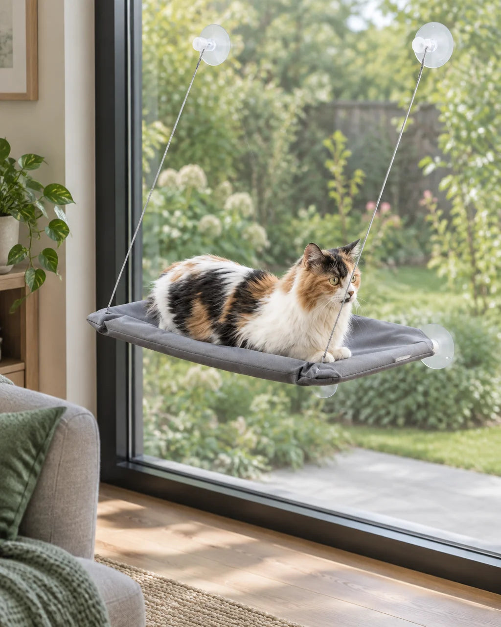 Exact gray rectangular slightly curved padded textile cat hammock, matte fabric, four thin suspensio