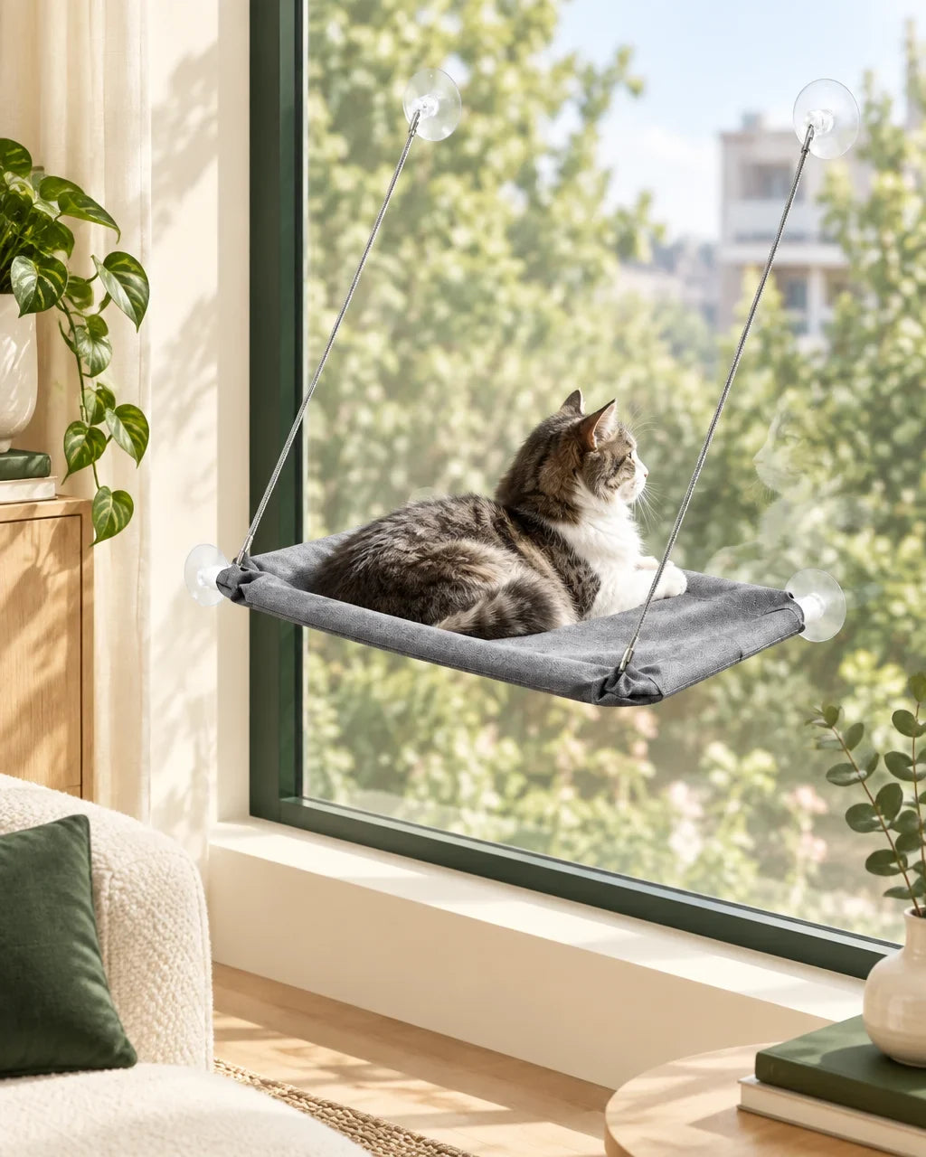 Chat installé dans le hamac suspendu gris près d’une fenêtre intérieure