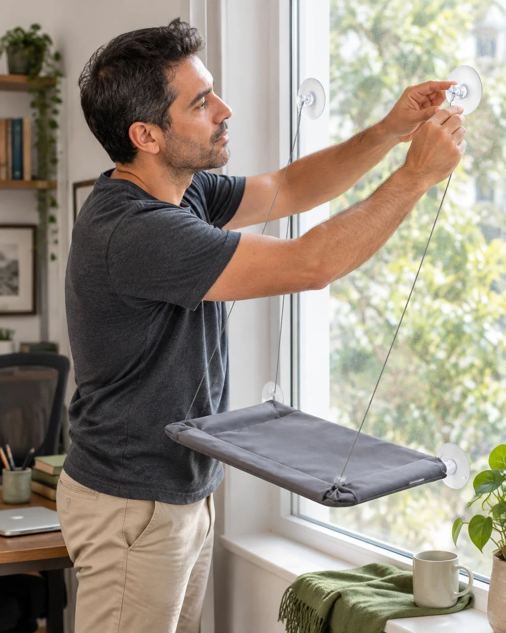 Exact gray rectangular cat window hammock from reference r04, softly padded matte fabric, four cords